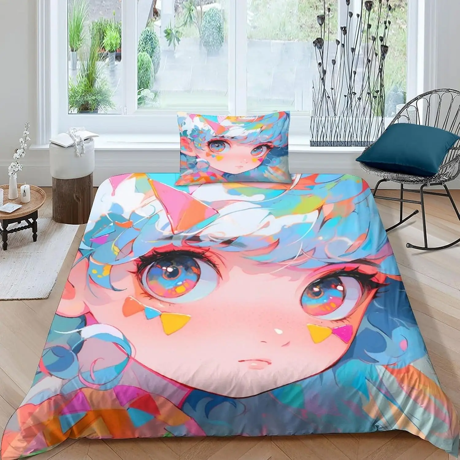 Anime Girl Bedding Set Blue Hair Pink Eyes 3D Digital Print Duvet Cover Set 3pcs Super Soft Microfiber Quilt Cover Twin King