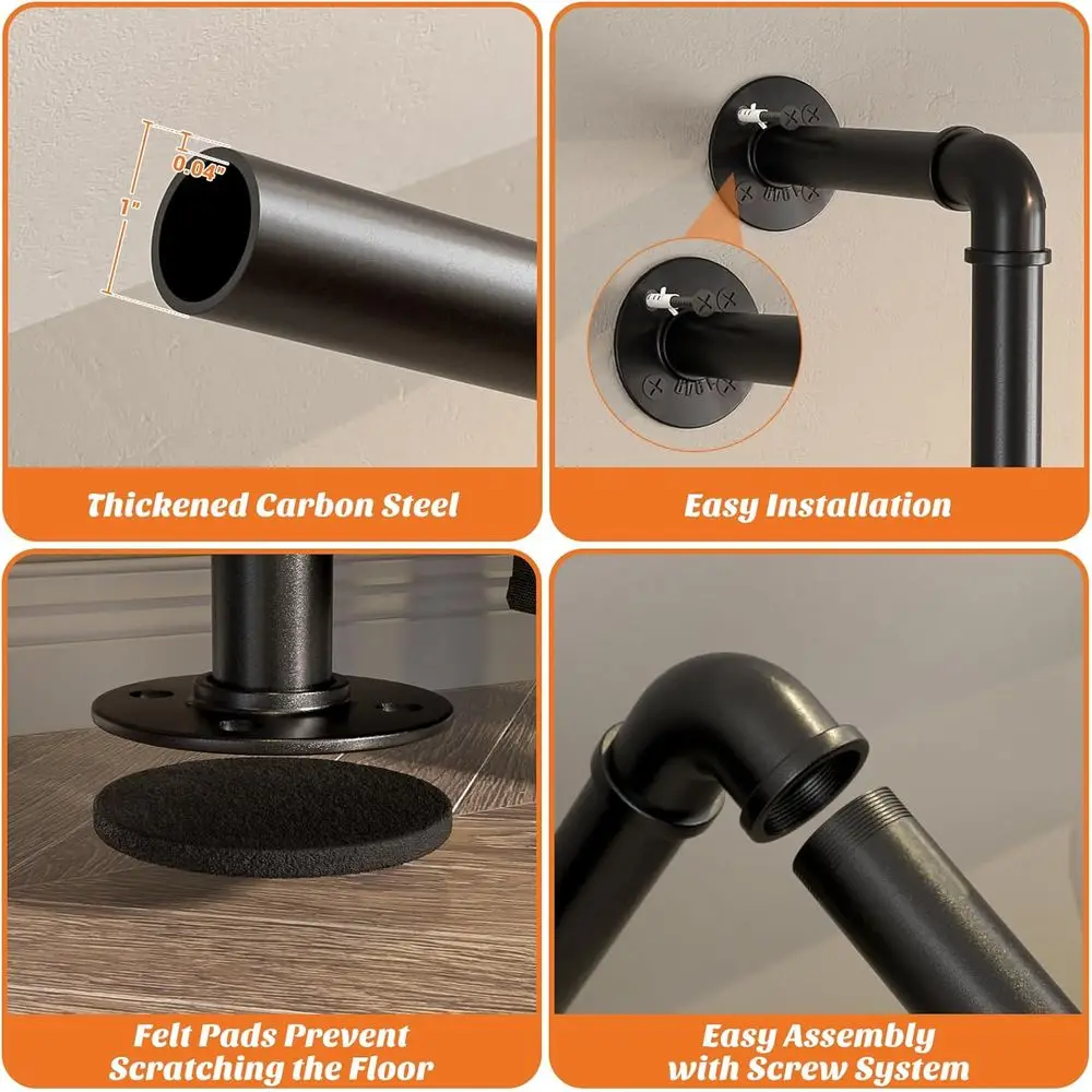 3.5FT Reversible Industrial Style Hanging Clothes Rack, Heavy Duty Wall Mounted Wardrobe, Compact Walk-in Closet System, Black