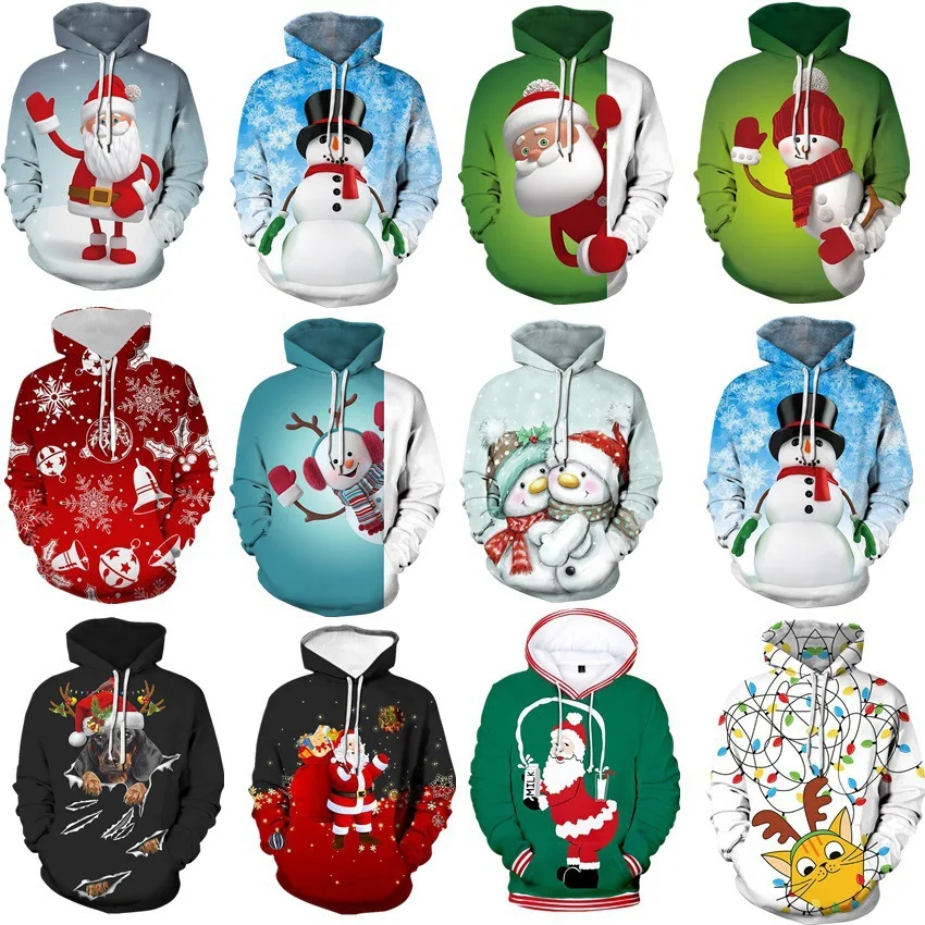 Hoodie de Papai Noel para casal, impressão digital 3D, camisola casual, camisola nova do Natal, 2023