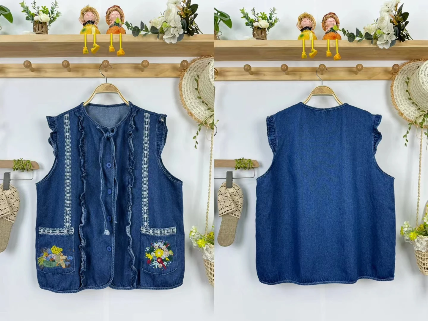 Spring Summer Sweet Sle Women's Denim Jaet with Embroidery Belted round Ne ket Floral Trim Versatile oulder Pad