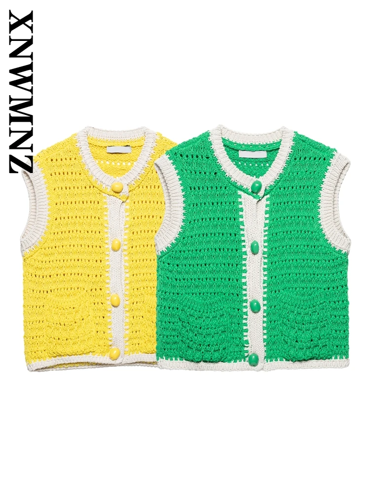 

XNWMNZ 2025 Summer New Woman Fashion Classic O-Collar Hollow Out Knit Cardigan Elegant Casual Woman's Patchwork Sleeveless Vest