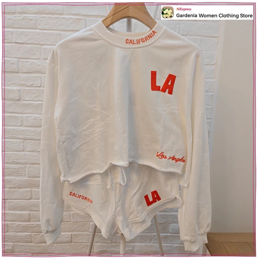 

Stylish Contrasting Embroidered Short Sets for Women Cotton Tracksuits Long Sleeve Cropped Sweatshirt Matching Drawstring Shorts