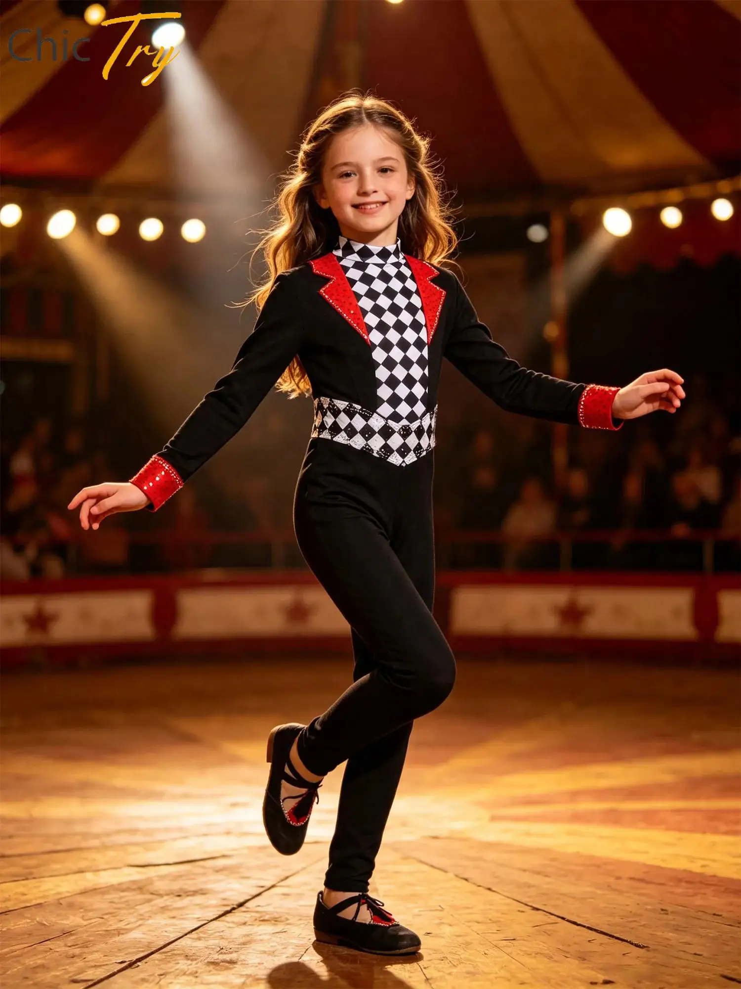 Children Girls Dance Performance Jumpsuit Circus Clown Ringmaster Fancy Magician Bodysuit Carnival Drama Masquerade Costume