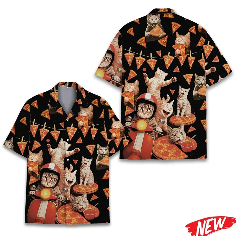 Men Funny Black Cat Riding T‑Rex Taco Print Cuban Collar Short Sleeve Shirt Loose Button Up Summer Beach Vacation Casual Tops