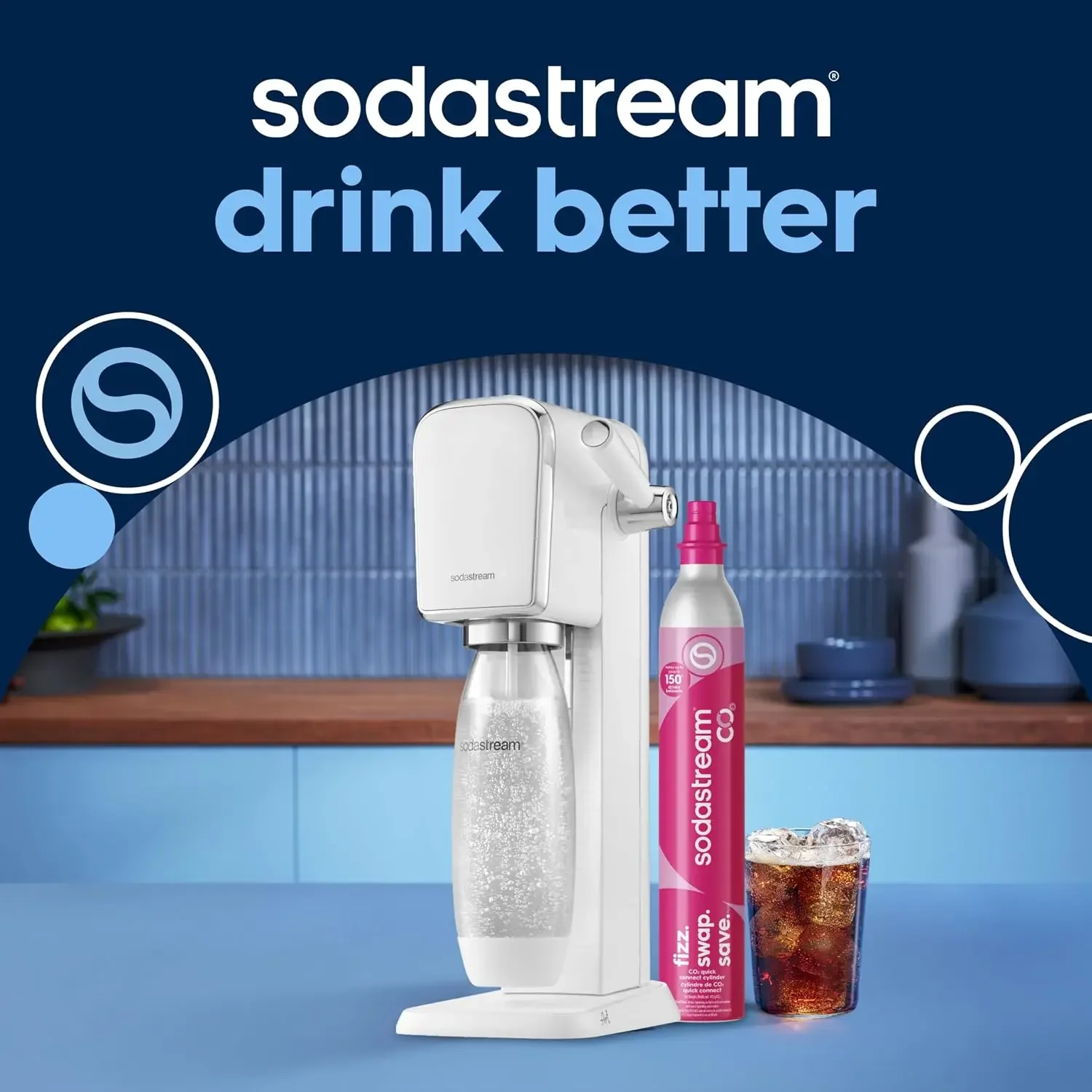 ART Sparkling Water Maker | STARTER KIT | CQC CO2 system | Includes 1x CO2 Cylinder, 1x32 & 1x16 Fl Oz Dishwasher Safe Bottles