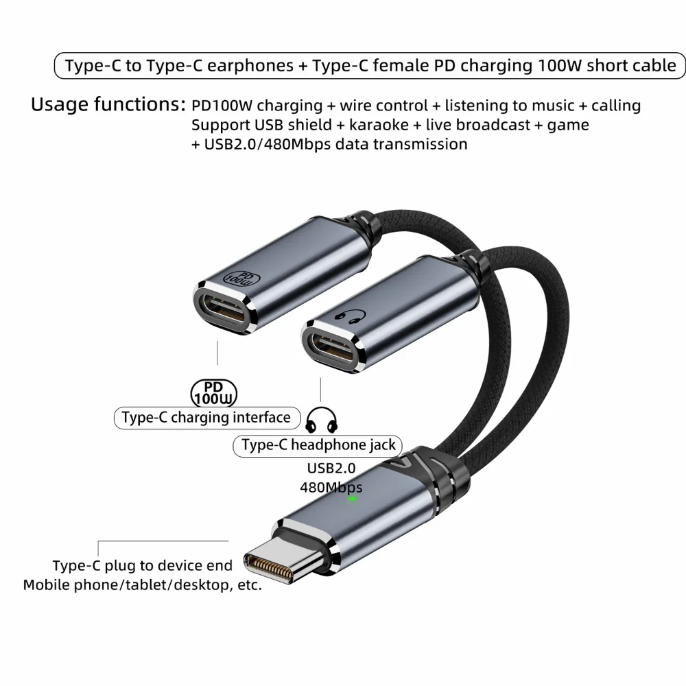 

2 in 1 Design 2-in-1 USB C OTG Adapter PD 100W USB Female Port 2 in 1 USB Type C Audio Cable 480Mbps Data Transfer Fast Charging