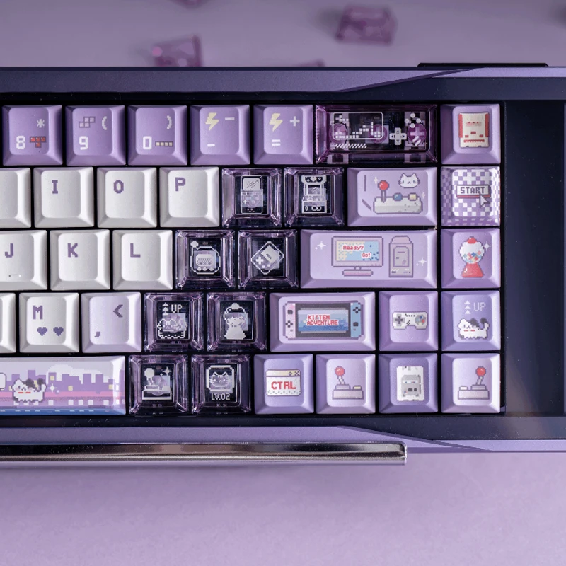 Chosfox & Soulcat 141 + 26 Keycap Meow Putar Listrik PBT + PC Keycap Transparan Cherry Height Keycap Keyboard Mekanis Kustom