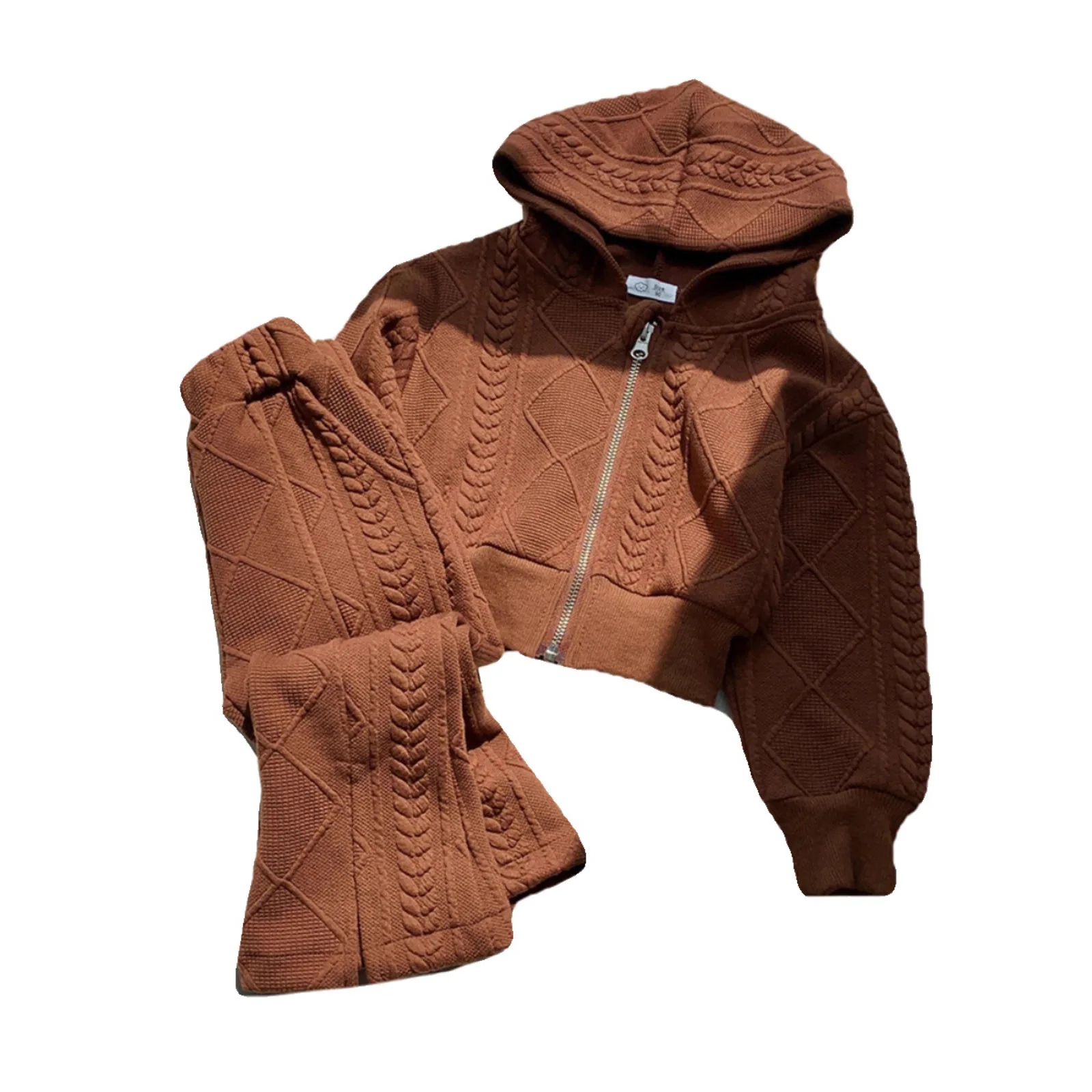 Suit Girl Autumn Clothing Jacquard Jacket Knitted Sweater Two Piece Flared Pants Set New Middle Aged Children Korean Retro