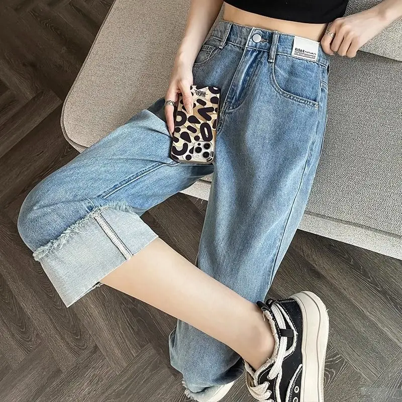 Pantalones vaqueros de pierna ancha prensados de verano para niñas, pantalones vaqueros finos sueltos, pantalones casuales de moda para mujeres, pantalones de chándal, pantalones vaqueros para adolescentes, pantalones para niñas