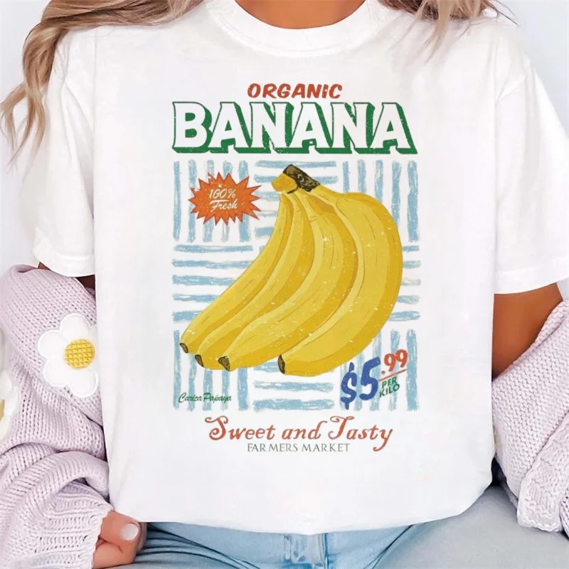Organic Banana Print Pattern T-Shirt Casual O-Neck Regular Short Sleeved Cute Women's Street Top Popular Summer Vacation T-Shirt