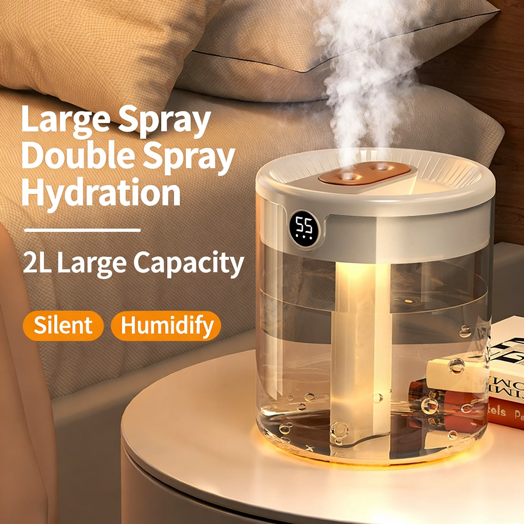 2L Dual Spray Humidifier Large Capacity LED Digital Display Night Light Diffuser for Bedroom Office Quiet Ultrasonic Humidifying