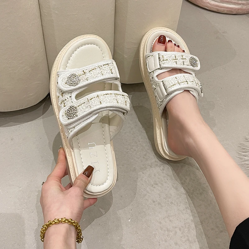 Shoes Slippers Flat Slipers Women Med Slides Fashion Platform 2022 Summer Luxury Rubber Basic Hook & Loop PU Slippers Women Summ