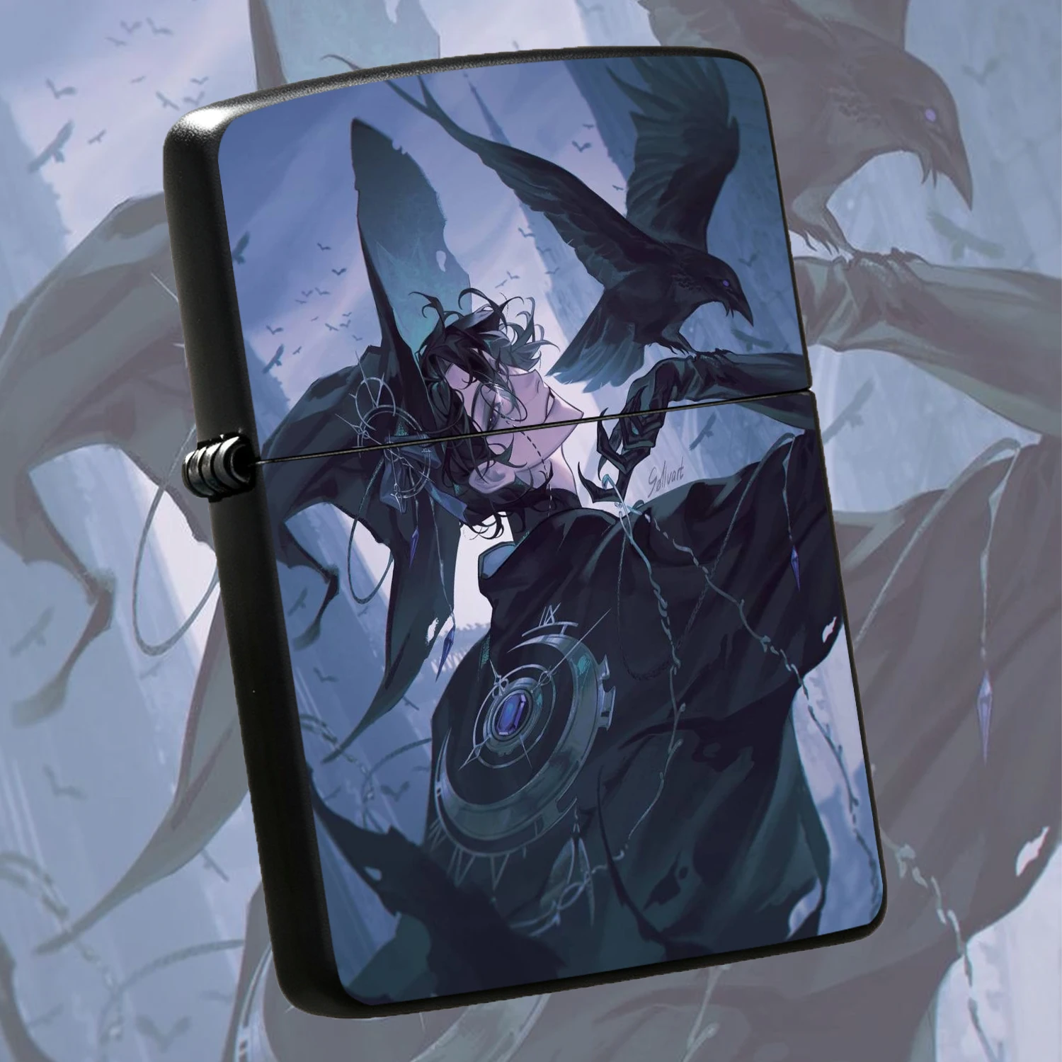 Anime Dark Style Wizard With Crow Pattern Windproof, Cool Magician Character Art Print Portable , Unique Creative Gift For Men Daily Use, Exquisite Themed Igniter For  A Fun And Humorous Lighter