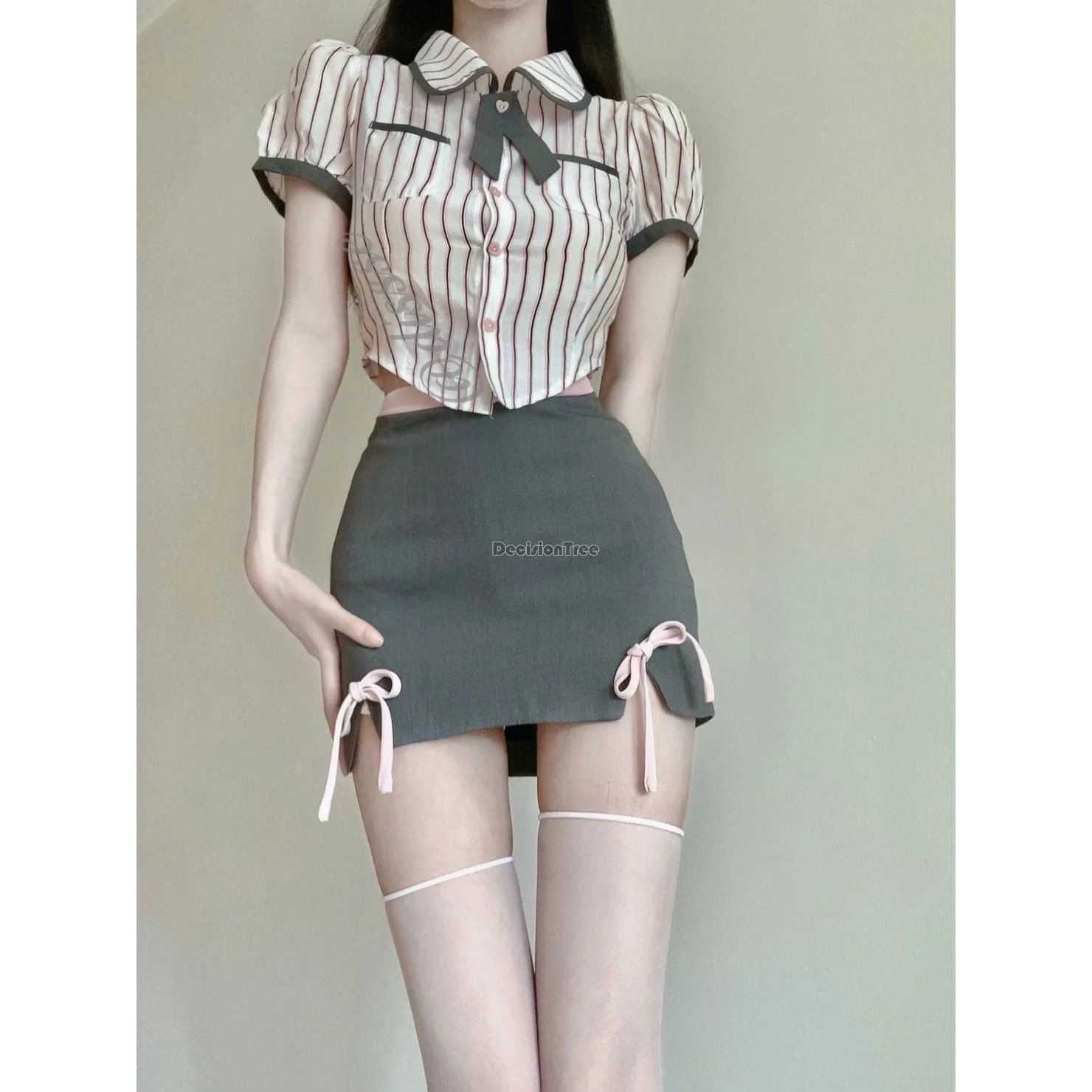 

2024 summer new korean style sweet girl academy uniform bow puff sleeve striped shirt pink lacing sexy buttocks wrapped skirt