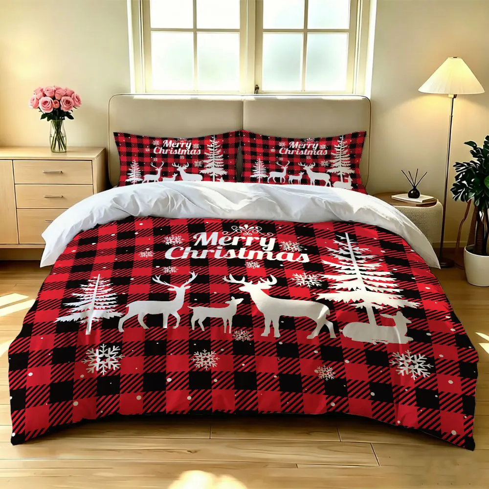3pcs(1 bedspread + 2 pillowcases) featuring red and black plaid Christmas elk and snowflake pattern perfect for home decorati
