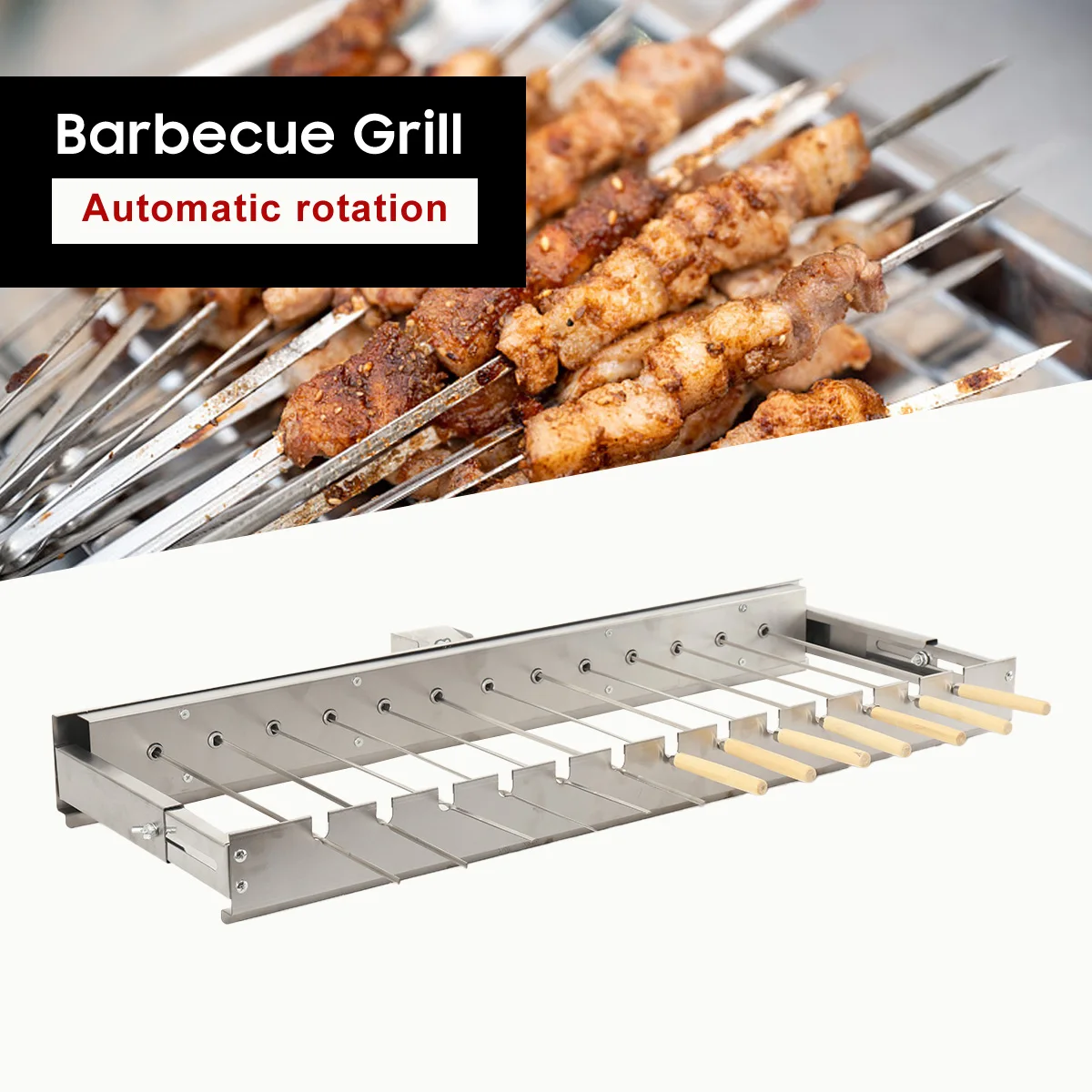 Gril de Barbecue à retournement automatique en acier inoxydable, pour l'extérieur, avec 13 brochettes, largeur réglable, outils de roulement