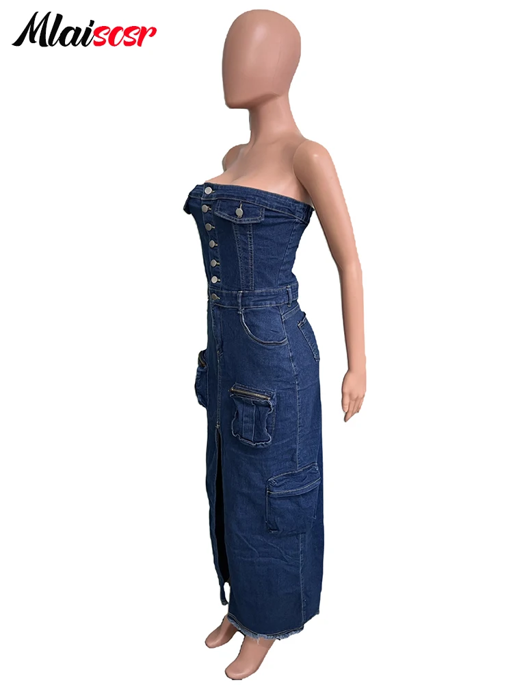 Mlaiscsr Off Shoulder Button 3D Pocket Blue Denim Dress Women Strapless Sleeveless High Spliced Jean Cargo Dresses Birthday Club