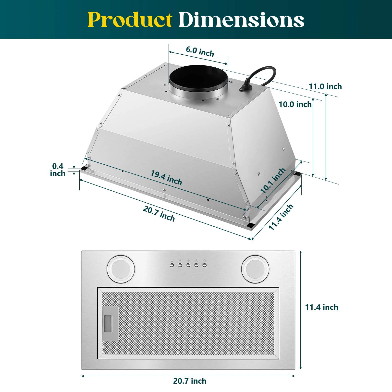 Insert 20 Inch 600CFM Range Hood Stainless Steel Push Button Control 3-Speed/Ducted/Ductless 5-Layer Filter & LED Lighting
