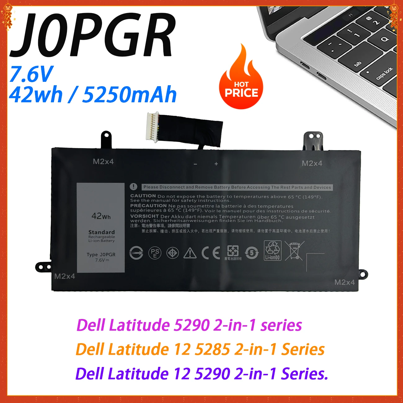 

J0PGR Laptop Battery Replacement for Dell Latitude 12 5285 5290 2-in-1 T17G 1WND8 JOPGR X16TW 0X16TW 0FTH6F 7.6V 42Wh 4Cell