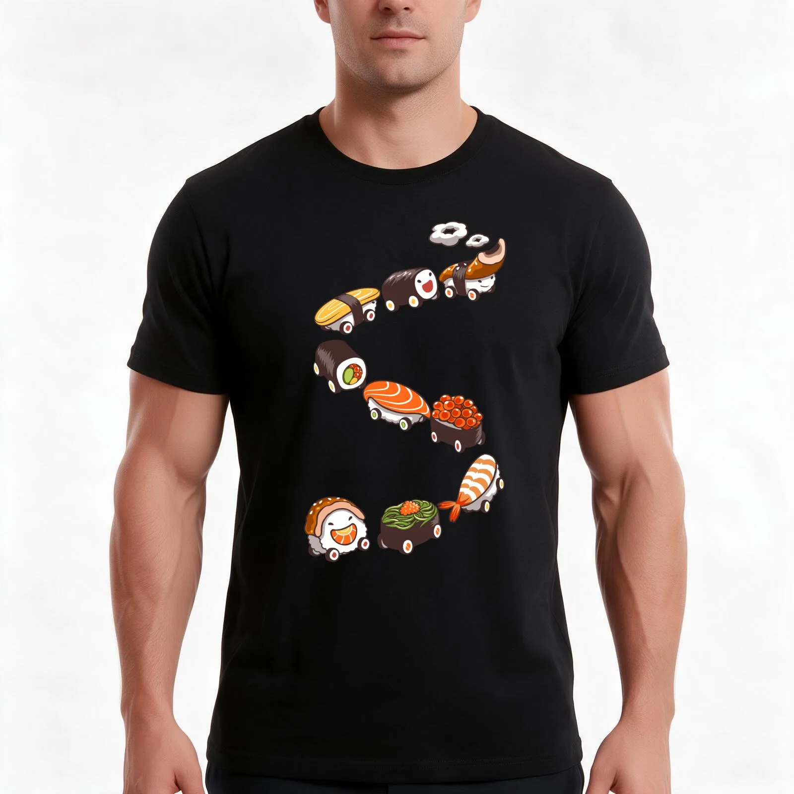 Salmon, Ikura, Ebi, Tamago Nigiri Sushi Train T-Shirt, Summer Casual Cotton Tee, Oversized Streetwear Tops, Unisex Men Women