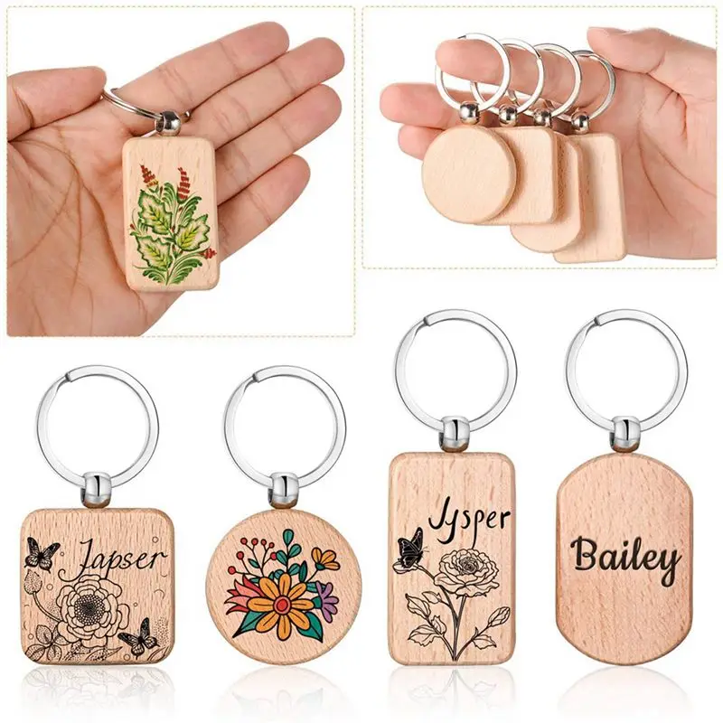 AS94-Wooden Keychain Blanks, 64Pcs Wood Engraving Blanks Key Chain Bulk Unfinished Wooden Keychain Key Ring Key Tag DIY Craft