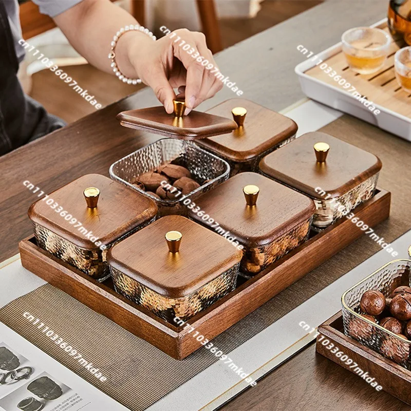 Walnut fruit plate snack storage box, light luxury high-end glass dried fruit plate, coffee table, refreshment candy grid plate