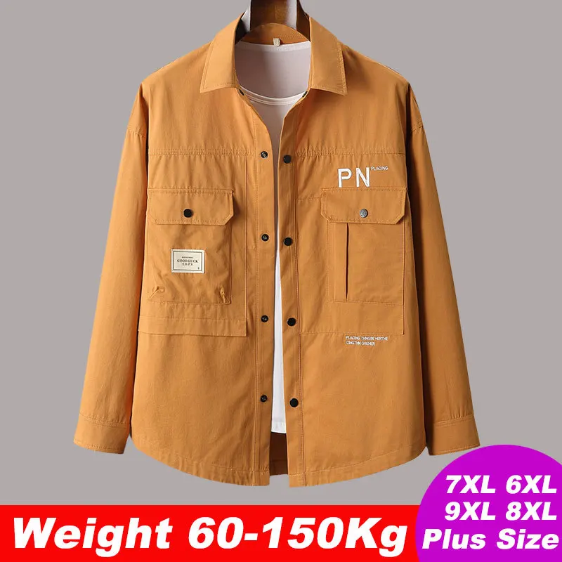 

Plus Size 7XL 6XL 5XL Cargo Long Sleeve Shirts For Men Pure Cotton Letter Print Button Up Multiple Pockets Workwear Shirts