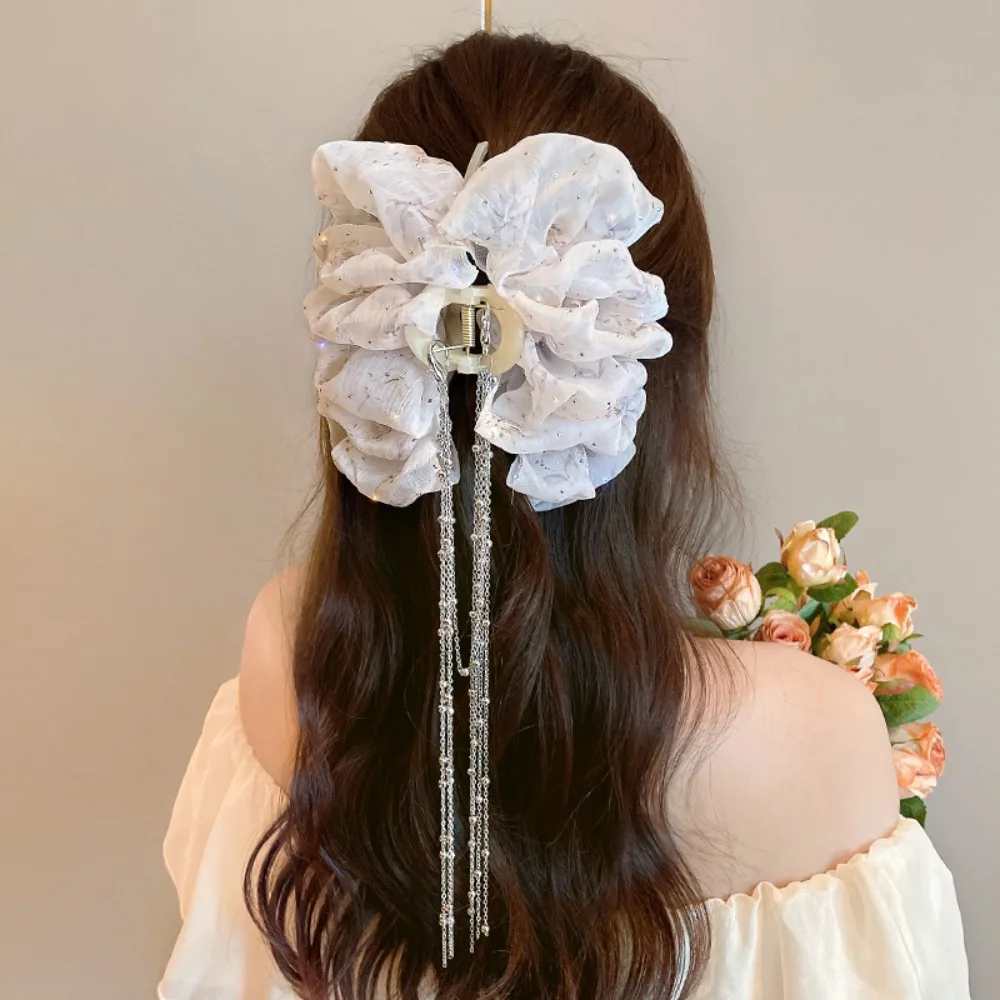 Horquillas con lazo de tela para mujer, cadena de diamantes de imitación de malla, Clip de agarre con borlas, accesorios para el cabello multicapa, Súper Hada dulce