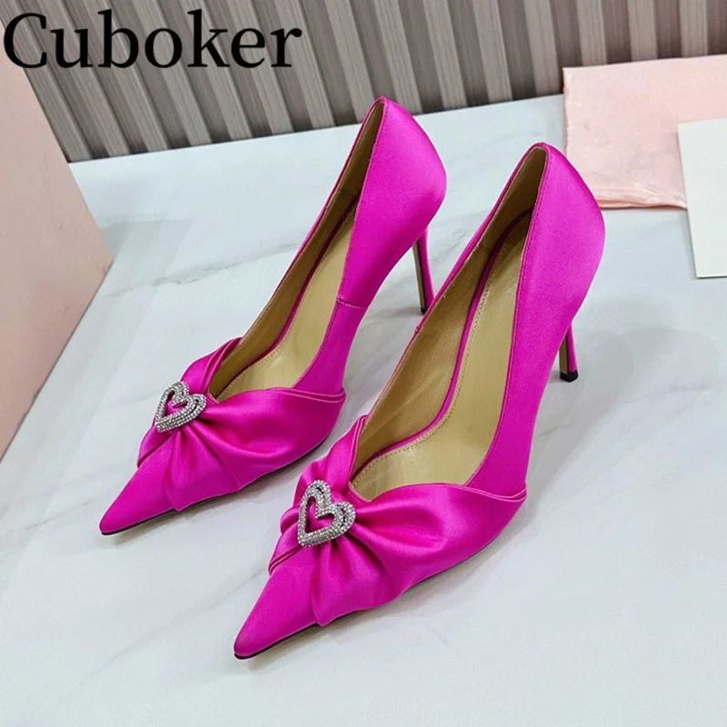 

Hot Sale Brand Crystal Heart Pointy Toe Women Pumps Silk Ladies Sandals Spring Summer Mules Runway High Heels Shoes for Women