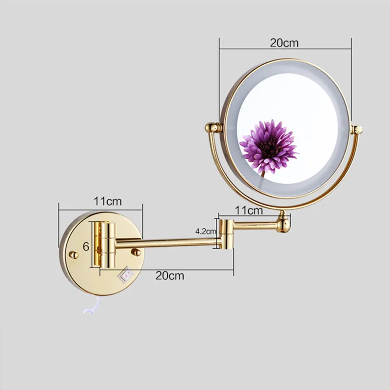 Brushed Gold LED Makeup Mirror with Brass Folding Bathroom Mirrors of 8 Inch 3X 5X Maynifying Makeup Mirror Dual Face LED Mirror