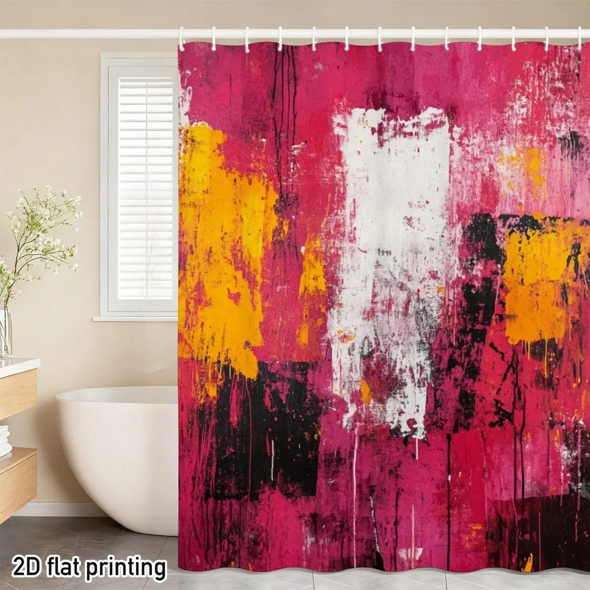 Abstract Shower Curtain – Bold Pink, Yellow & Black Splatter Art with White Texture, Waterproof Polyester, Modern Bathroom Decor