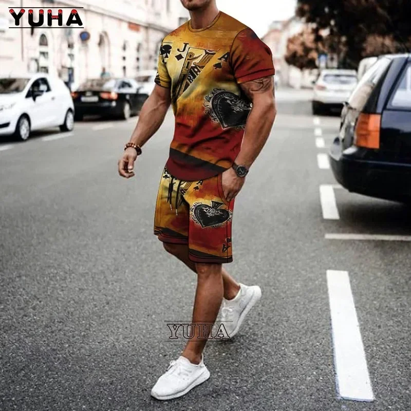

2025 New Men's Retro Streetwear 3D Printed Round Neck Comfortable T-shirt Shorts Two-piece Daily Sports Casual Wear