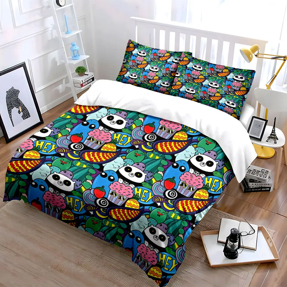 Cartoon Panda Fun Decor Set Soft Skin-Friendly Bedding Set Includes 1 Duvet Cover And 2 Pillowcase, Gift