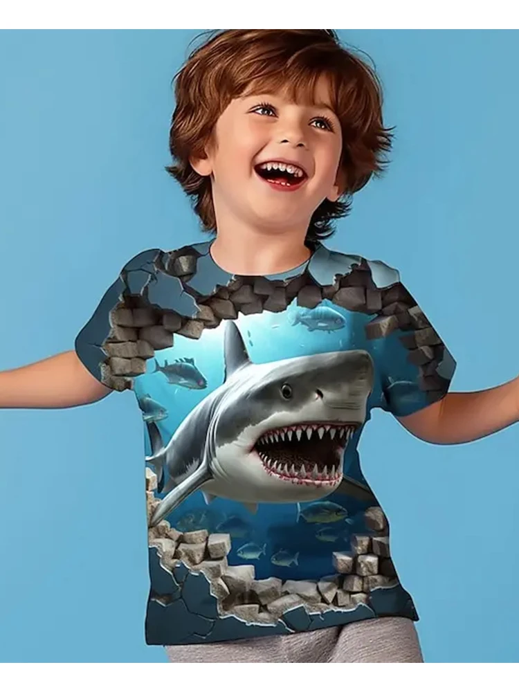 男の子用の3Dサメ柄Tシャツ,半袖,スポーツファッション,ポリエステル,ラウンドネック,カジュアル,毎日,子供,大人,夏