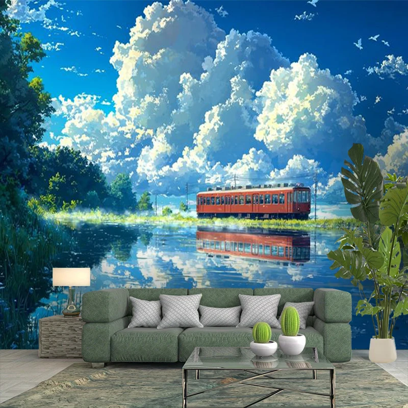1PC Anime Train Lake View Art Print Backdrop Banner, Bedroom Living Room Photo Background, Polyester, Home Decor, Wall Art