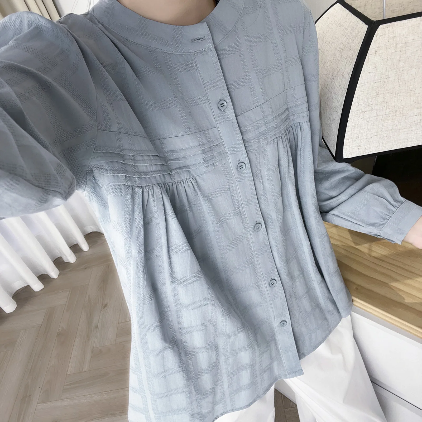 Moda plus size blusas femininas outono simples dobra jacquard algodão camisa de manga longa casual o-pescoço topos 6186