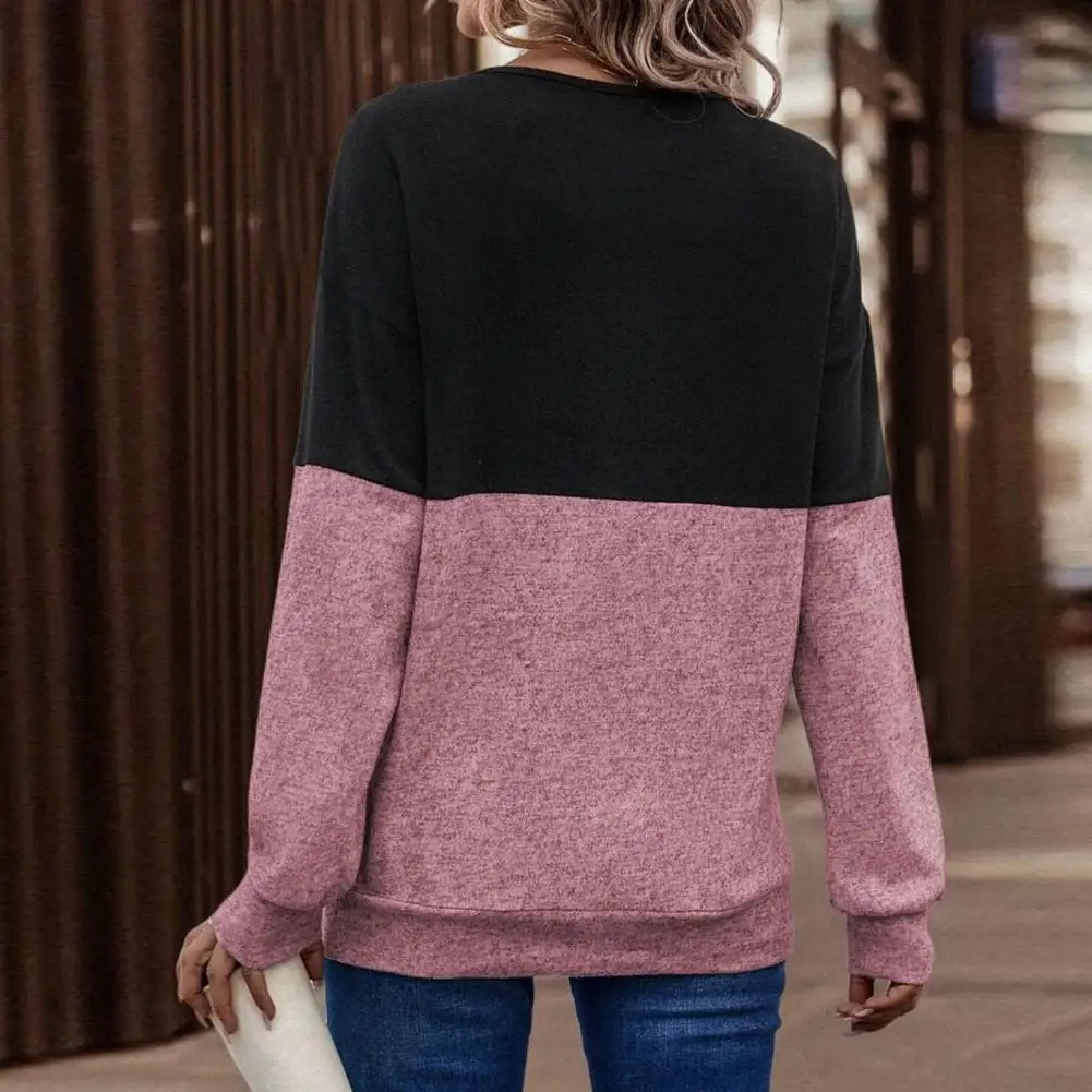 

Dropped Shoulder Sleeve Top Colorblock V Neck Long Sleeve T-shirt for Women Soft Breathable Pullover Spring Fall Hollow Out Mid