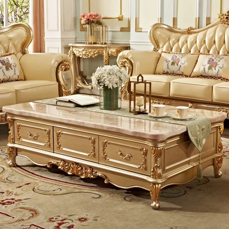 

European coffee table TV cabinet combination living room marble solid wood coffee table villa small apartment champagne gold tea