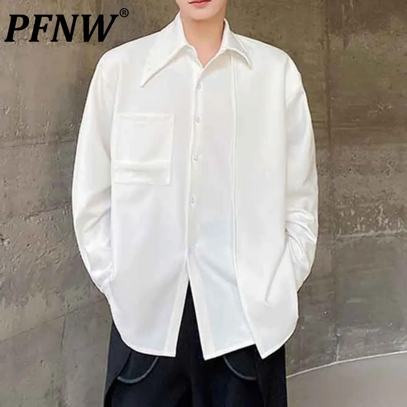 

PFNW Men's Shirts Personalized Peaked Collar Buckle Pockets Solid Color Loose Male Shirt Niche Design Spring New Stylish 9C4640