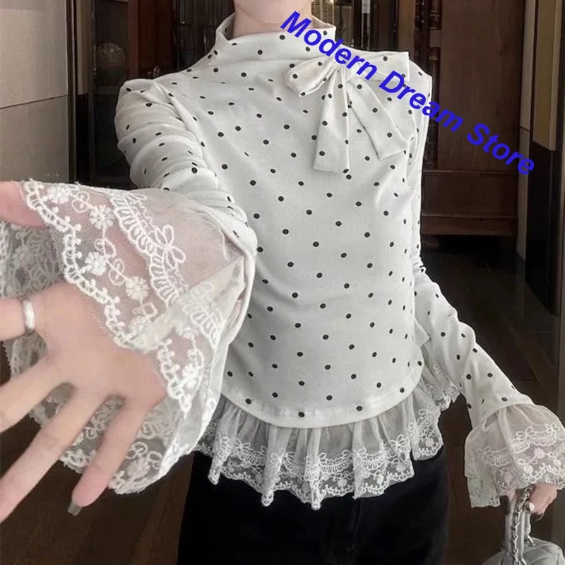 Hot girl French polka-dot lace stitching long-sleeved T-shirt with women's spring and autumn semi-high collar bottoming shirt