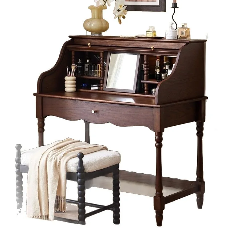 American-style solid wood dressing table and makeup mirror, modern light luxury French vintage desk and vanity table integrated