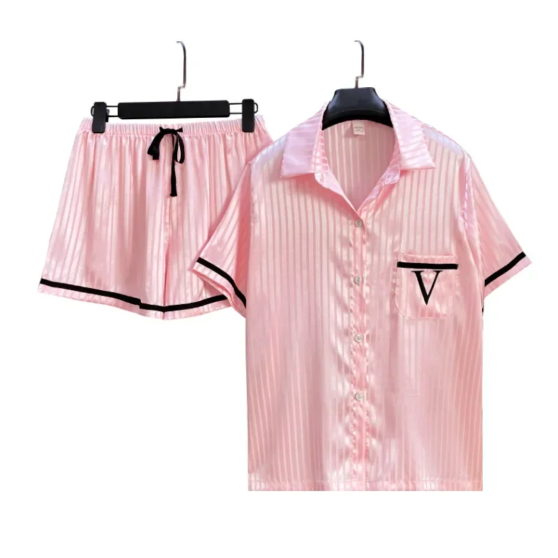 Novo conjunto feminino de 2 peças, roupa de dormir de cetim, casa, ponto ondulado, manga curta, camisa e shorts, pijama, verão, roupa de dormir