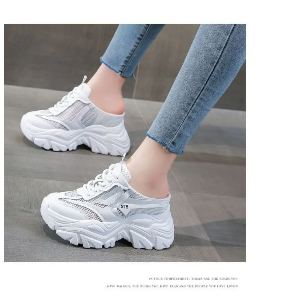 Spring Summer Autumn New Platform Shoes for Women 9.5cm Heel Mesh Breathable Casual Sneakers Women Half Slipper Shoes