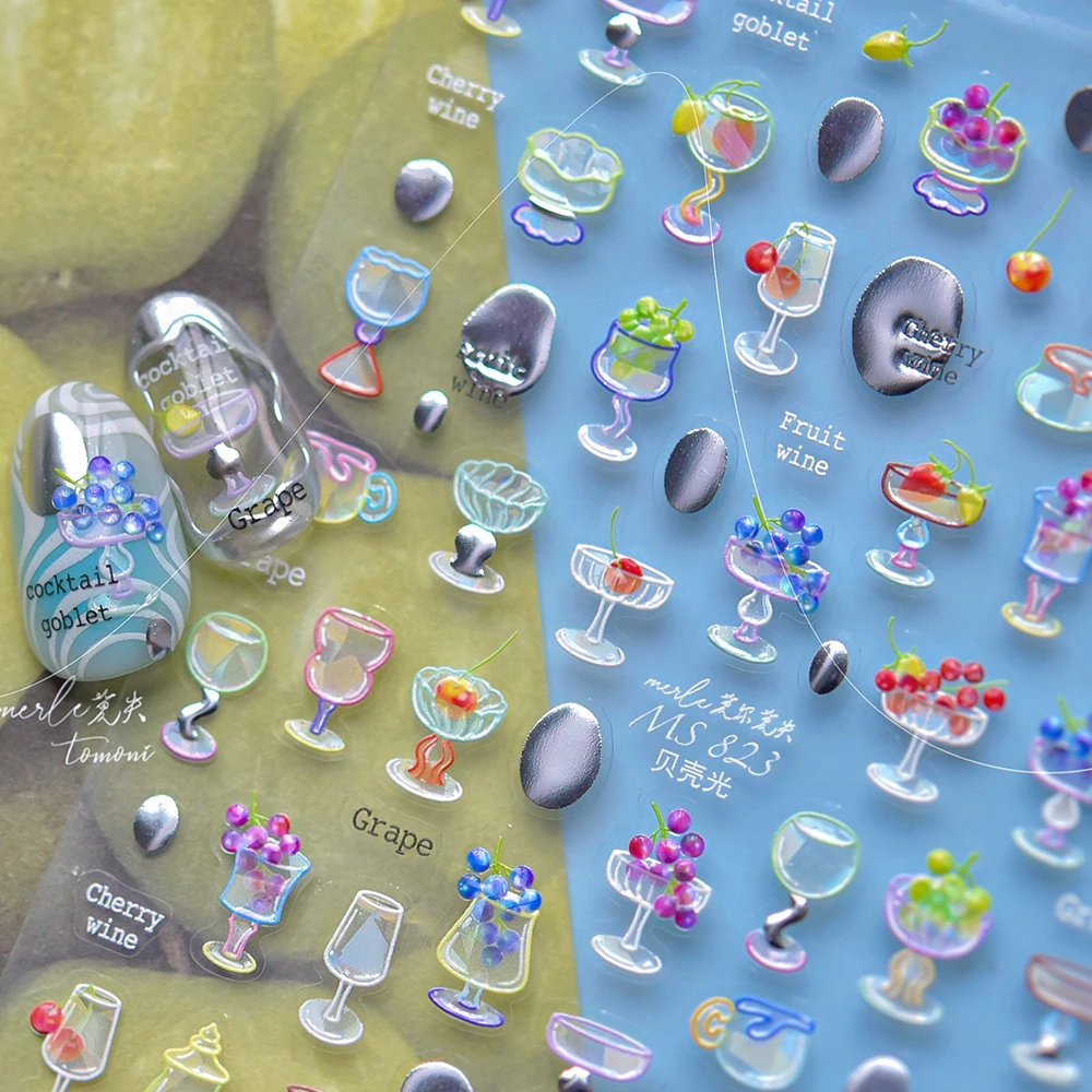 Obst Glas Tasse Saftige Traube Kirsche Wein 5D Nail art Aufkleber Obst Wein Cocktail Tasse 5D Sommer Selbstklebende Maniküre Aufkleber