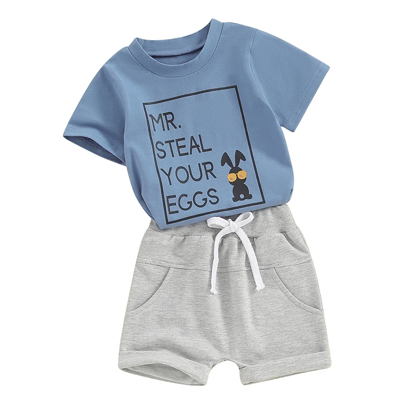 Toddler Boys 2 Piece Outfits Letter Print Short Sleeve T-Shirt and Elastic Shorts for Summer Clothes Set