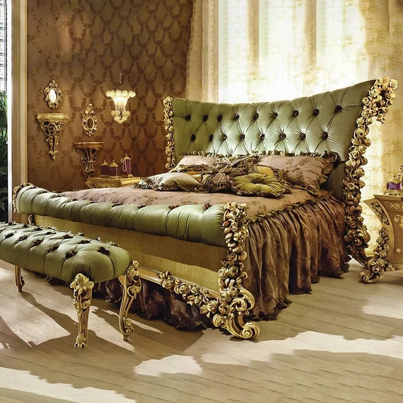 Solid wood carving flower fabric bed European-style villa large luxury rose double bed princess wedding