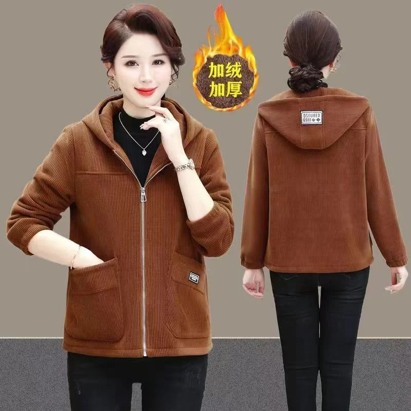 2024 Autumn Winter New Coat Women Corduroy Mother Jacket Add Velvet Warm Hooded Outerwear Ladies Casual Joker Large Size Blouse