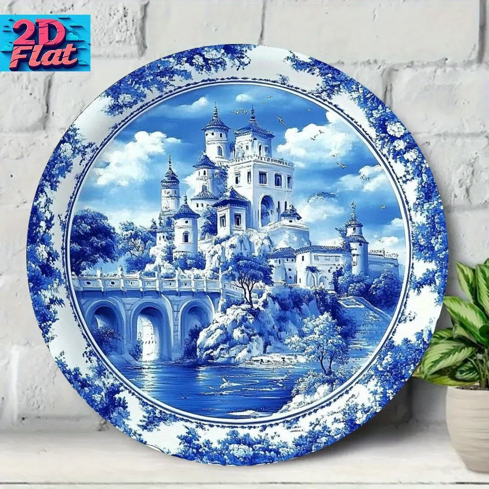 2D Vintage Metal Sign, Fairy Tale Castle Wall Art Decor, Blue White Round Ornament with Bridge River Sky Birds, Dreamy Design fo