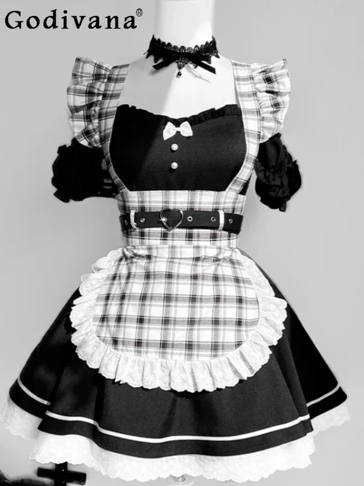 

2025 Summer New Maid Uniform Singing Clothes Subculture Dress Elegant Sweet Bow Girls Lace High Waist A-line Black Short Dresses