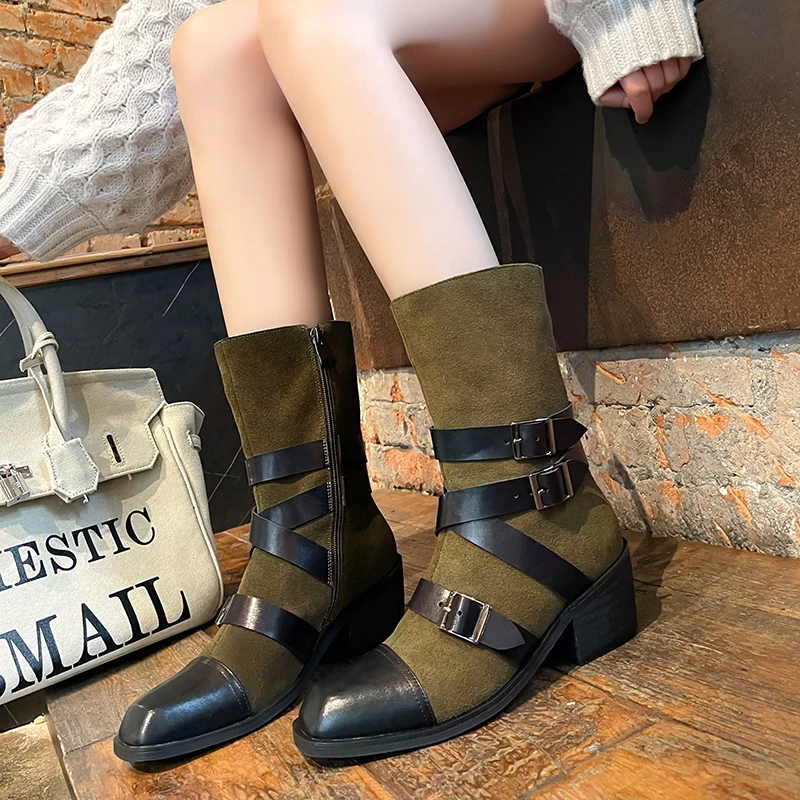 

Fashion Belt Buckle Cow Suede Women's Short Boots Square Toe Thick Heels Zipper Woman Ankle Boots Autumn New Ladies High Heels